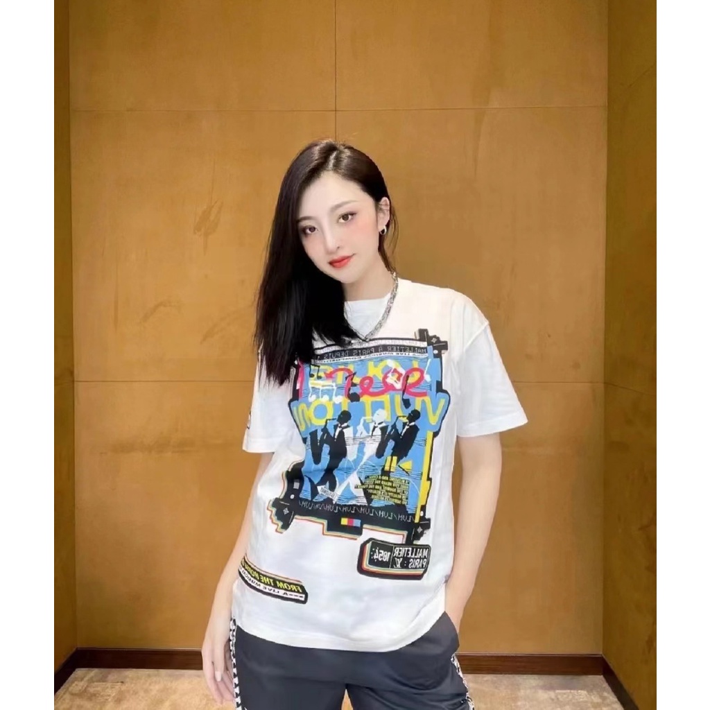 Áo phông thời trang nữ cao cấp thương hiệu Louis Vuitton LV thiết kế hoạ tiết hình nhạc Jazz cá tính