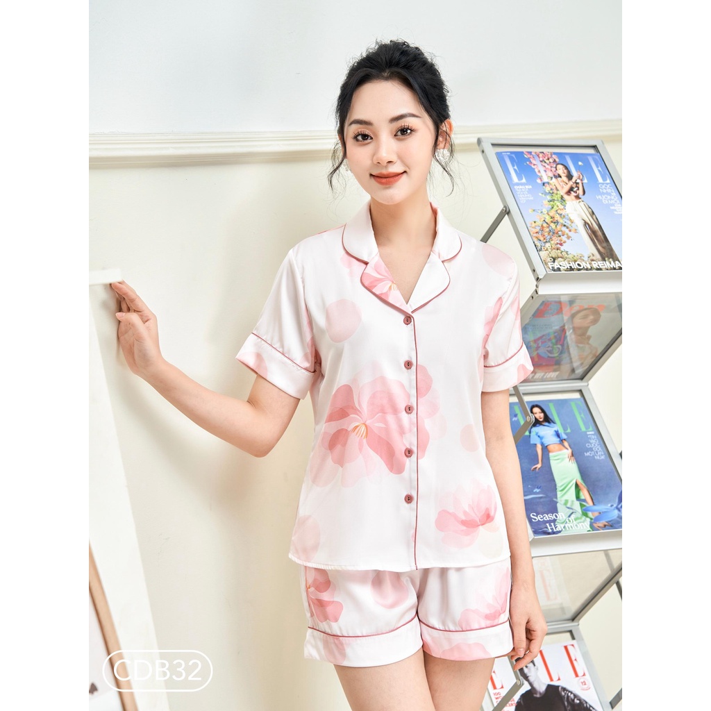 Bộ ngủ satin ZAM Luxury- Ngắn tay quần đùi họa tiết HOA LOANG HỒNG