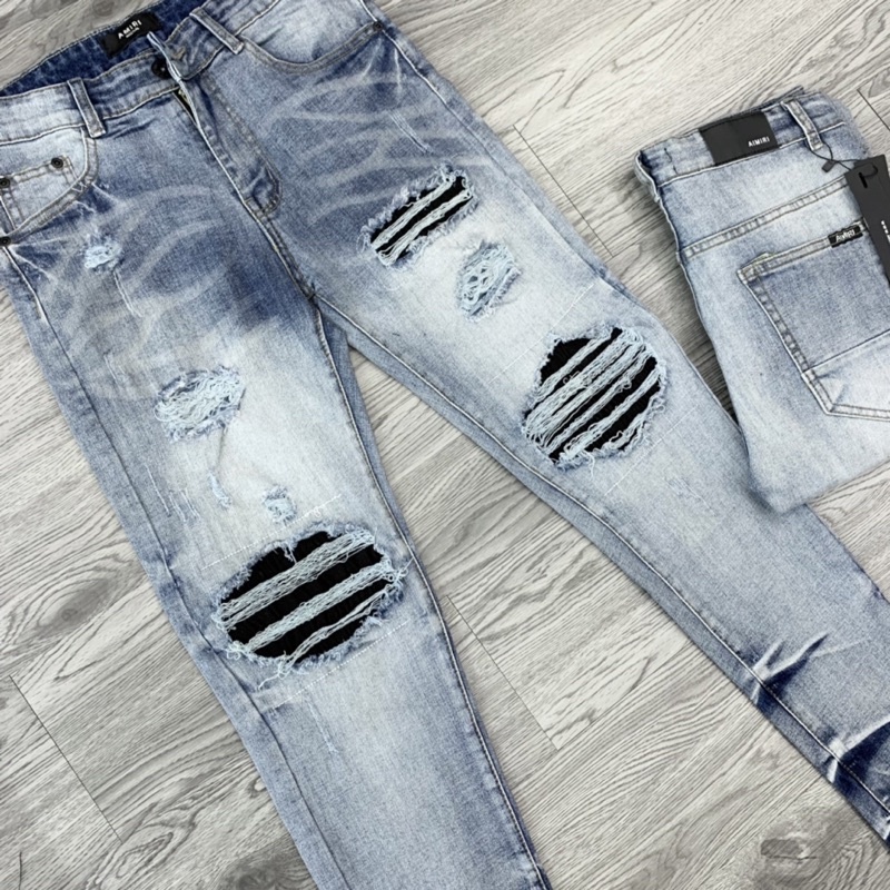 Quần JEAN Skinny Amiri Nam Wash Xanh Khói Rách Xù Viền Vá Vải Nhăn Đỏ Quần Bò Nam Xanh Khói Gối Vá Đỏ | BigBuy360 - bigbuy360.vn