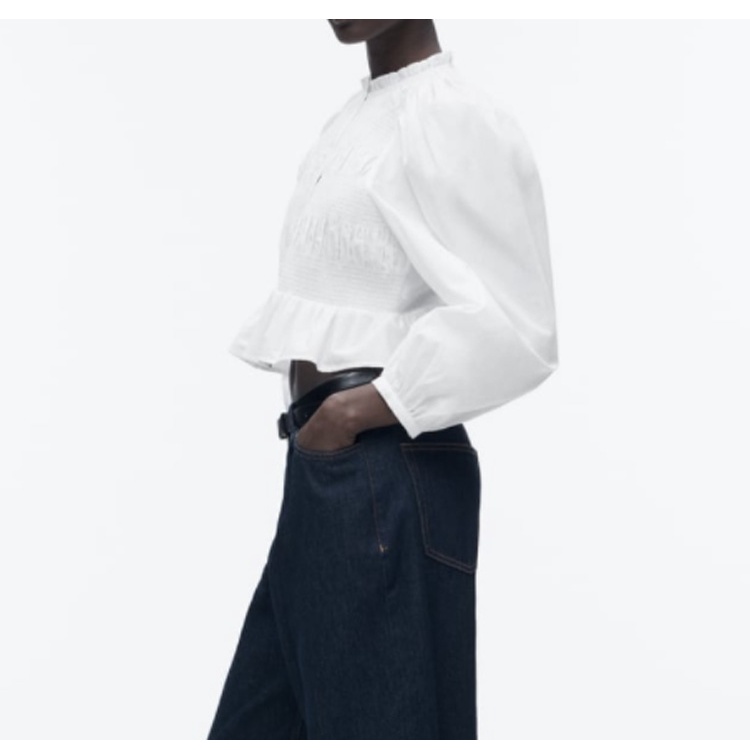 Zara Áo Sơ Mi Ngắn Cổ Tròn Nhún Bèo Trước Thiết Kế Hàng Nút Thời Trang Mùa Xuân 237969026