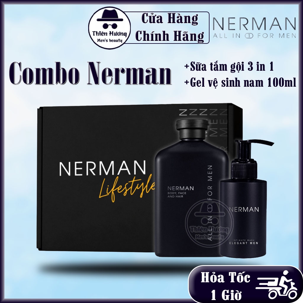 Combo Sữa Tắm Gội Nam Nerman Gentleman 3 in 1 & Dung Dịch Vê Sinh Nam Nerman Elegant Men Hương Nước Hoa Cao Cấp (Có Hộp)