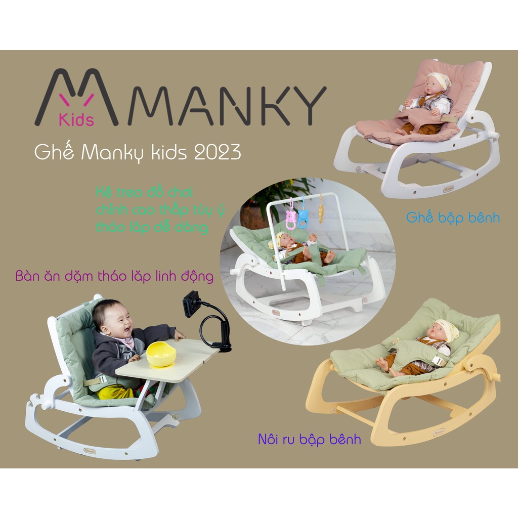 Ghế ăn dặm Manky 2023, tặng kèm kệ treo đồ chơi cho bé