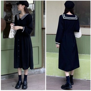 Đầm váy midi đen cổ thuỷ thủ tay dài vnxk phong cách hàn quốc