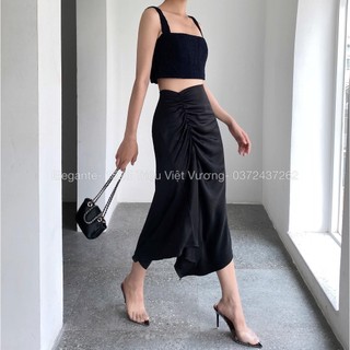 Chân váy lụa nhún bên Elegante 77180101 màu đen, be