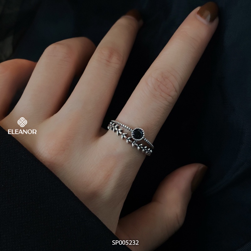 Nhẫn nữ hở bạc 925 Eleanor Accessories hình chiếc lá mặt tròn đính đá đen phụ kiện trang sức dễ thương 5232