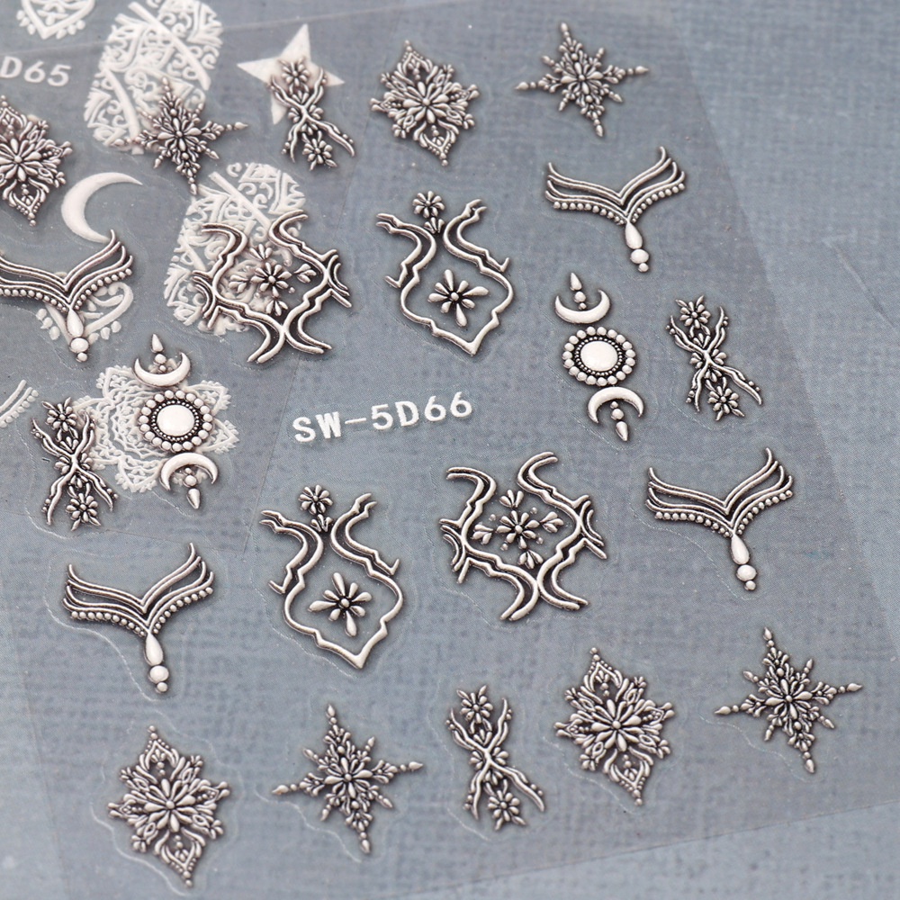 Miếng Dán Trang Trí Móng Tay 5D Họa Tiết Ren Màu Trắng Đen Sang Trọng