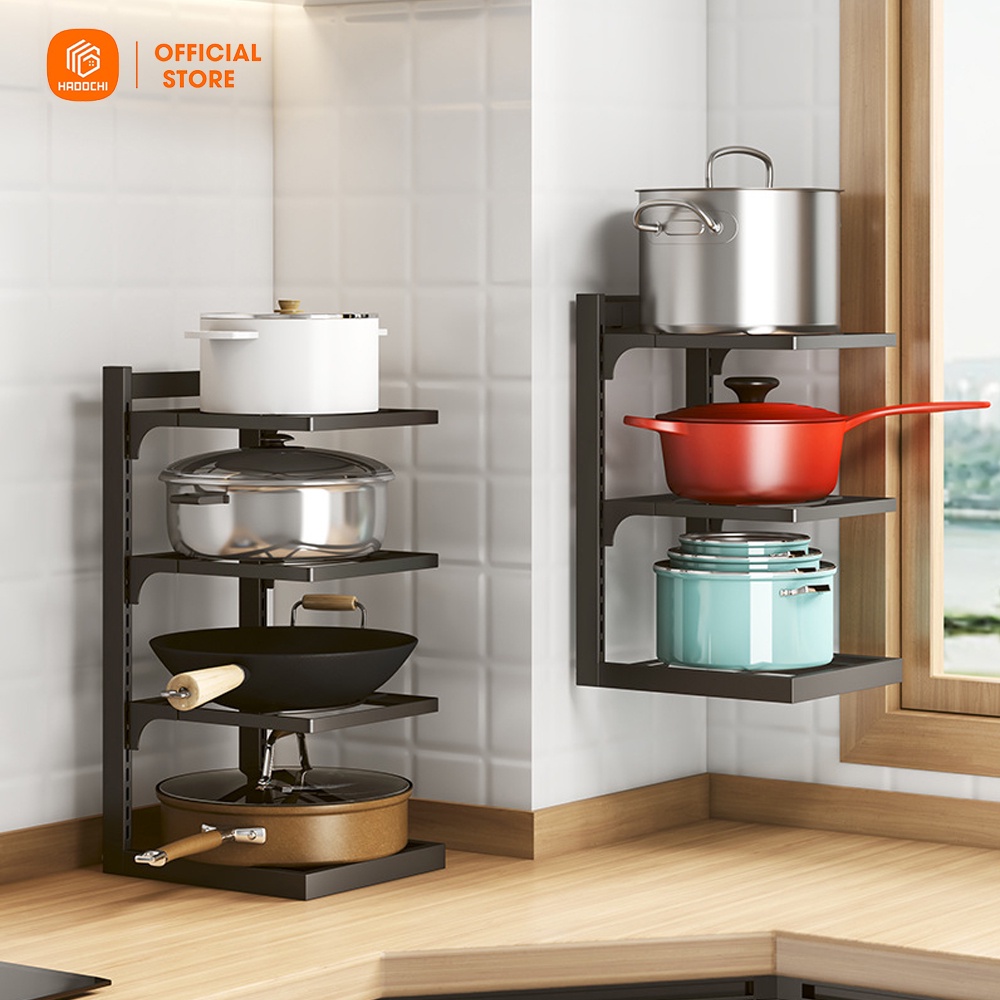 Giá để nồi niêu xoong chảo - Kệ nhà bếp 3, 4 tầng - Kệ để đa năng HADOCHI tuỳ chỉnh chiều cao các tầ