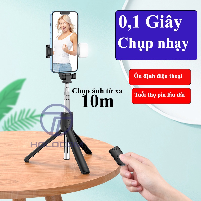 Gậy Chụp Ảnh 3 Chân Gấp Gọn HOLOCOM F210S, Chân Tripod Đa Năng Có Đèn Và Điều Khiển Từ Xa Cho Điện Thoại Ios Androi