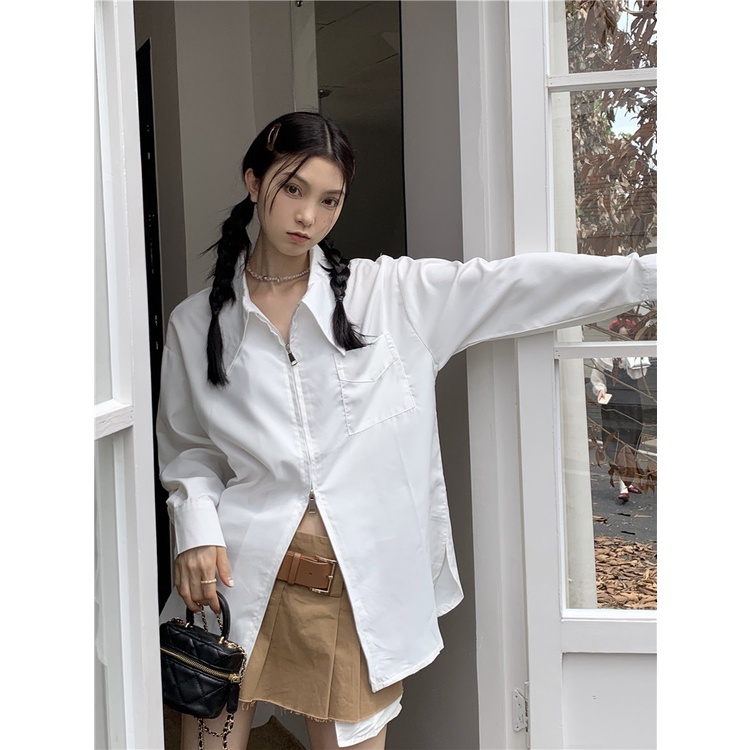 Áo Sơ Mi Tay Dài Màu Trơn Có Khóa Kéo Thời Trang Hàn Quốc