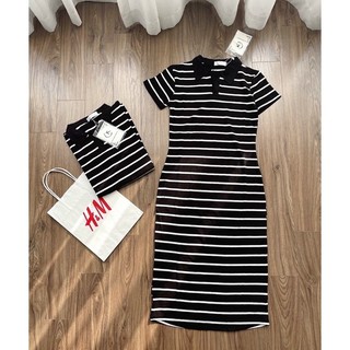 V11 - váy polo nữ dáng dài kẻ ngang cổ v đen