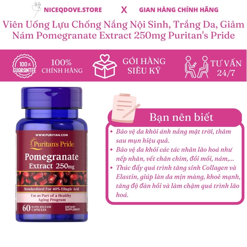 Viên Uống Lựu Chống Nắng Nội Sinh, Trắng Da, Giảm Nám Pomegranate Extract 250mg Puritan's Pride
