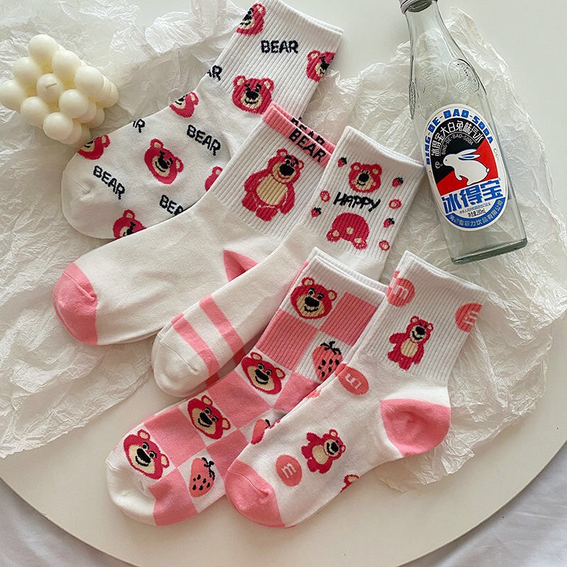 Tất vớ cao cổ nữ gấu dâu Lotso Bear bèo nhún 3B phong cách Hàn Quốc nhiều mẫu chất cotton mềm mịn