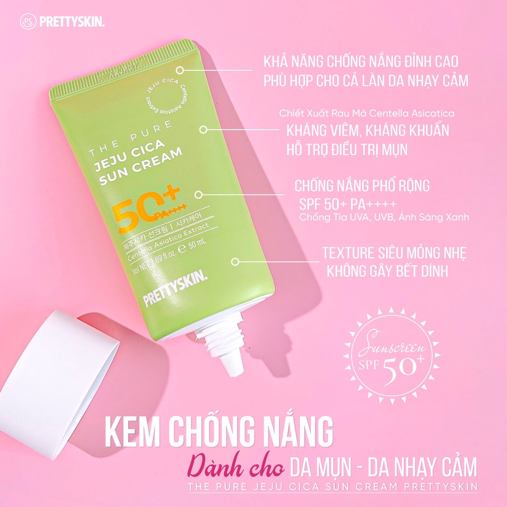 Kem Chống Nắng Rau Má JEJU CICA PRETTYSKIN, Không Gây Bết Dính, Cho Cả Da Nhạy Cảm SPF50+ PA++++ 50ml