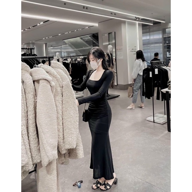 Váy Body Cổ Vuông Dài Tay Nhúm Eo Dáng Dài Đuôi Cá , Đầm Ôm Body Nhúm Eo Tôn Dáng