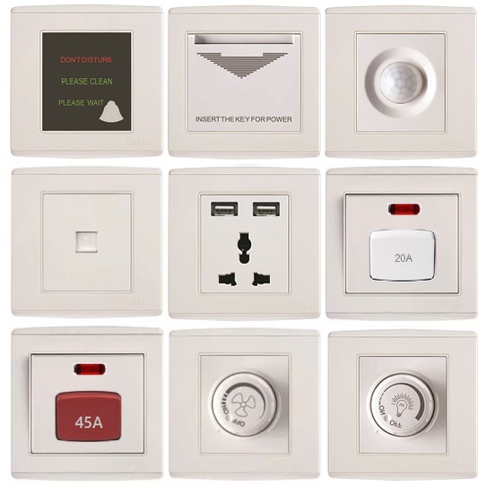 Ổ CẮM USB, CÔNG TẮC 20A, 45A, CẢM BIẾN CƠ THỂ, DIMMER ĐÈN, DIMMER QUẠT, Ổ CẮM THẺ KHÁCH SẠN mặt vuông màu trắng Uten V4