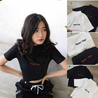 Áo kiểu croptop thun bỏip body cổ cao HÌNH THẬT