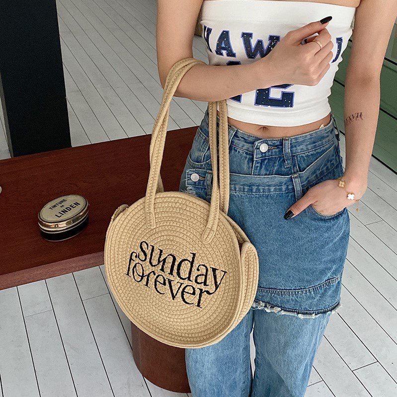 [ TC110 ] Túi cói tròn thêu chữ SUNDAY phong cách retro thời trang