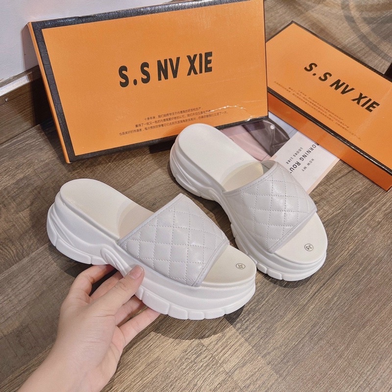 Dép quai ngang trần trám 2 màu siêu sang đế độn 5cm hot 2020