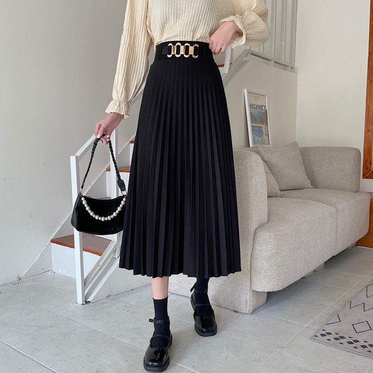 Chân Váy Chữ a Xếp Ly Lưng Cao Màu Trơn Phối Khóa Kim Loại Thời Trang Mùa Xuân Phong Cách Hàn Quốc Cho Nữ