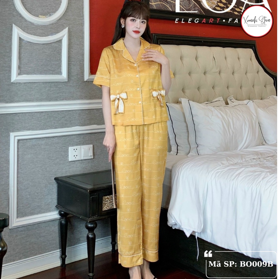 Bộ pijamas nữ áo cộc quần dài túi nơ xinh chất lụa cao cấp Xumaki Store BO009B