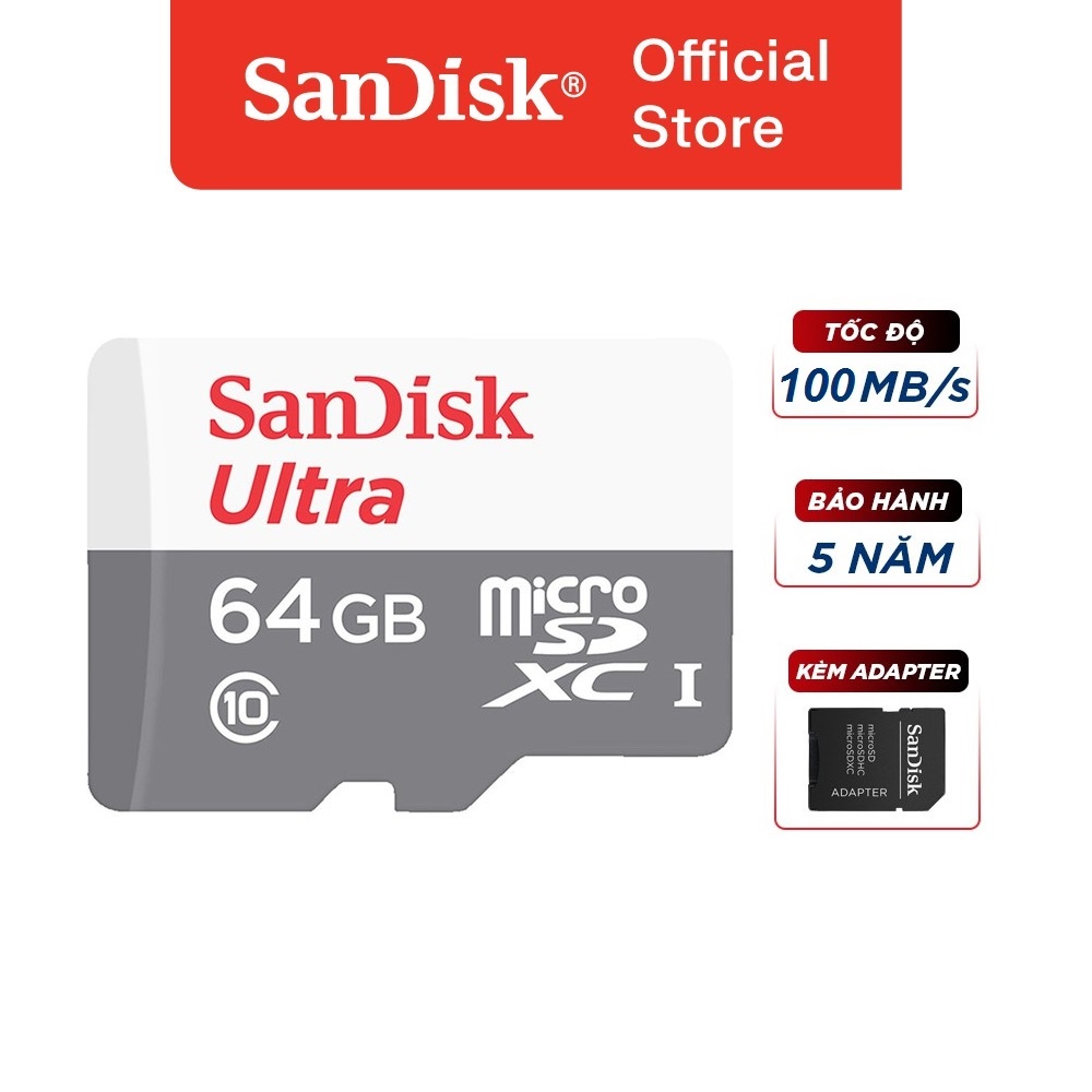 Thẻ nhớ micro SDXC Sandisk 64GB upto 100MB/s 533X Ultra UHS-I + Adapter