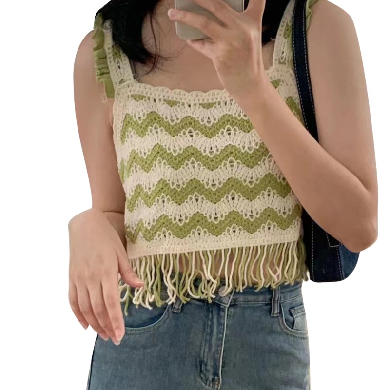 Áo Dệt Kim Không Tay Cổ Vuông Viền Tua Rua Thêu Họa Tiết Thời Trang Mùa Hè Cho Nữ