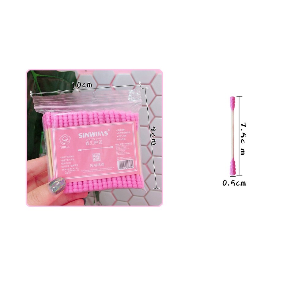 Hộp 100 Tăm Bông Cotton Màu Hồng Dễ Thương Dùng Để Trang Điểm