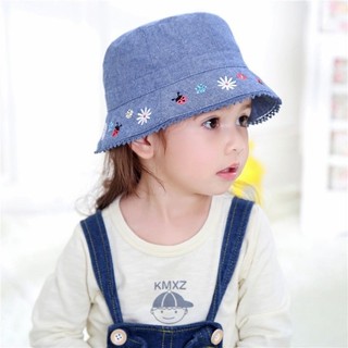 Mũ vải vành Miller xanh denim thêu hoa vành mũ
