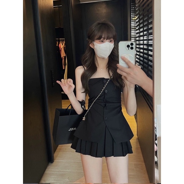 SET VÁY XẾP LY ÁO 2 DÂY NHÚN EO