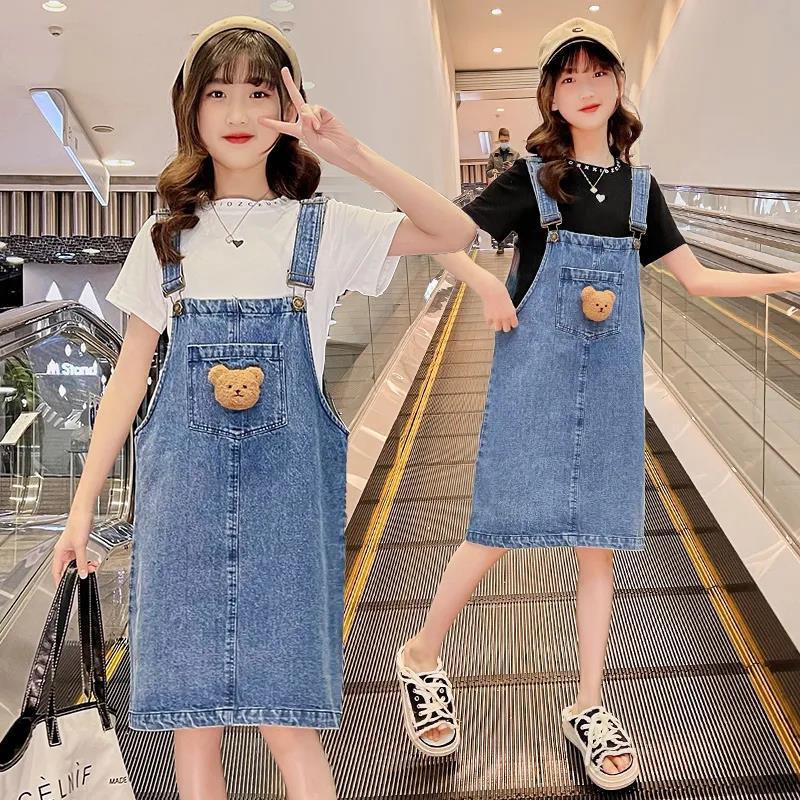 Đầm Denim Cotton Mềm Mại Thời Trang Mùa Hè Cho Bé Gái 3-8 - 10-16 Tuổi