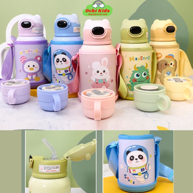 Bình giữ nhiệt có ống hút cho bé đi học kèm bao da, bình nước giữ nhiệt 500ml có dây đeo
