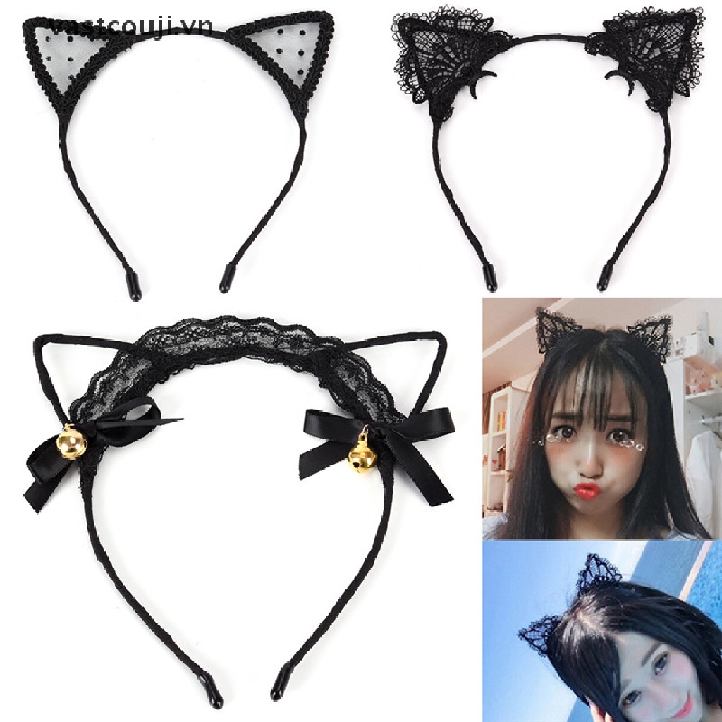 Băng Đô Tai Mèo Phối Ren Hóa Trang Dự Tiệc Cho Nữ