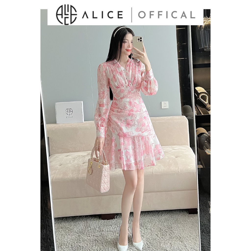Váy Tơ Hoa Xếp Li Ngực ALICE Dáng Ôm Body Đính Cúc Ngọc, Hoạ Tiết Hoa, Nữ Tính, Thanh Lịch V899