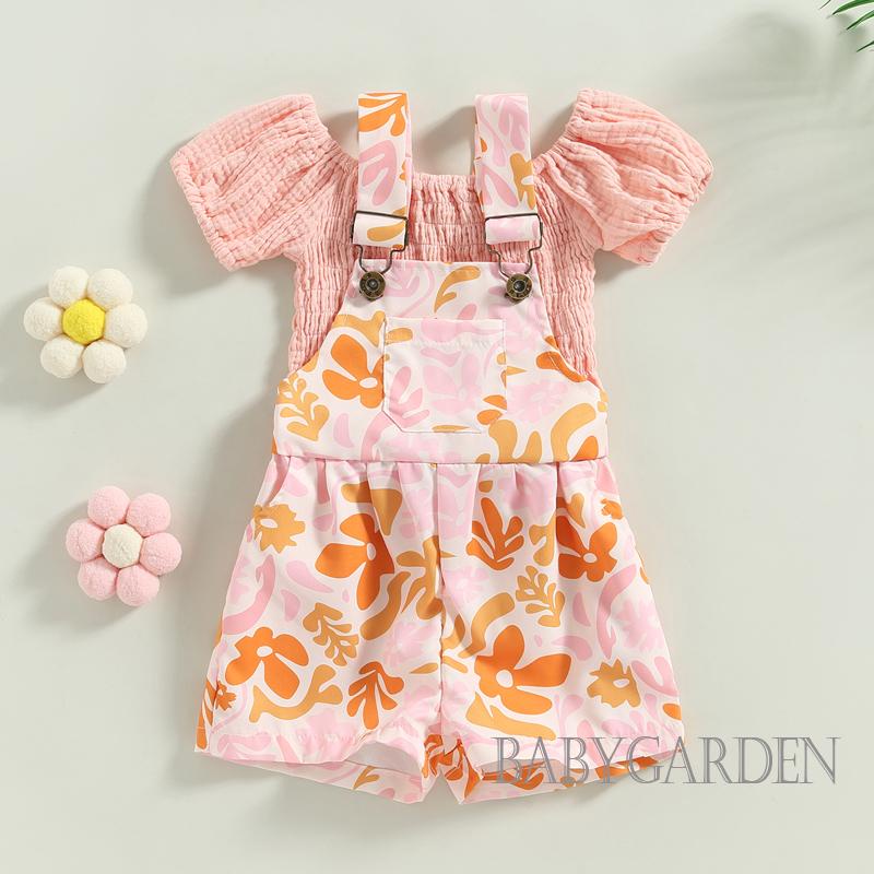 Set Áo Thun Tay Ngắn &amp; Quần Short Yếm In Hoa Cho Bé Gái 9 Tháng-5 Tuổi