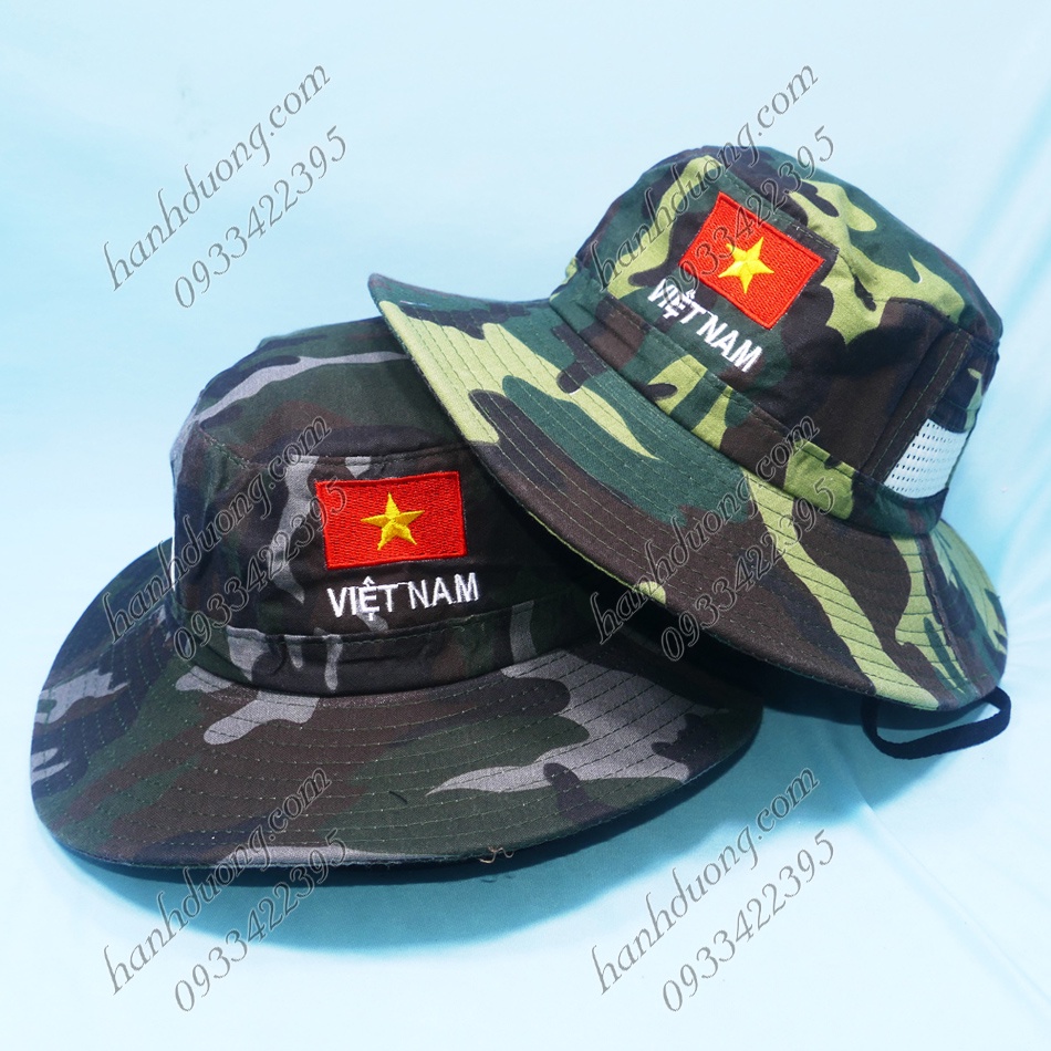 Nón tai bèo nam rộng vành thêu lá cờ Việt Nam vòng đầu từ 60cm, mũ tai bèo vành rộng 8.5 cm chất liệu vải kaki bền đẹp