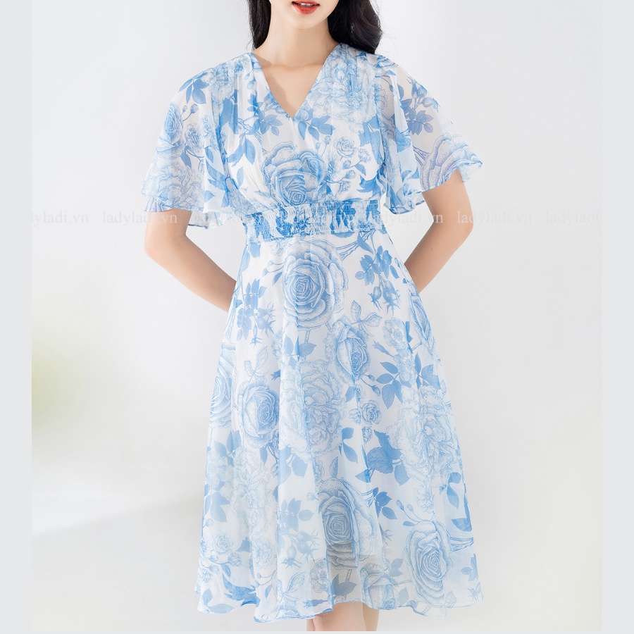 Váy hoa nhí dáng dài LADI cổ v nhún eo chất tơ nhẹ, có lớp lót habutai thoáng mát NDA02