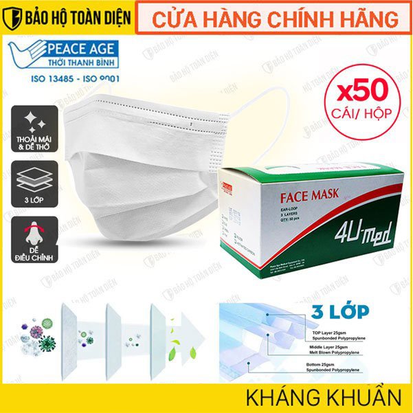 [Hộp 50 cái] Khẩu trang Y tế 4U Med 3 lớp kháng khuẩn, thoải mái