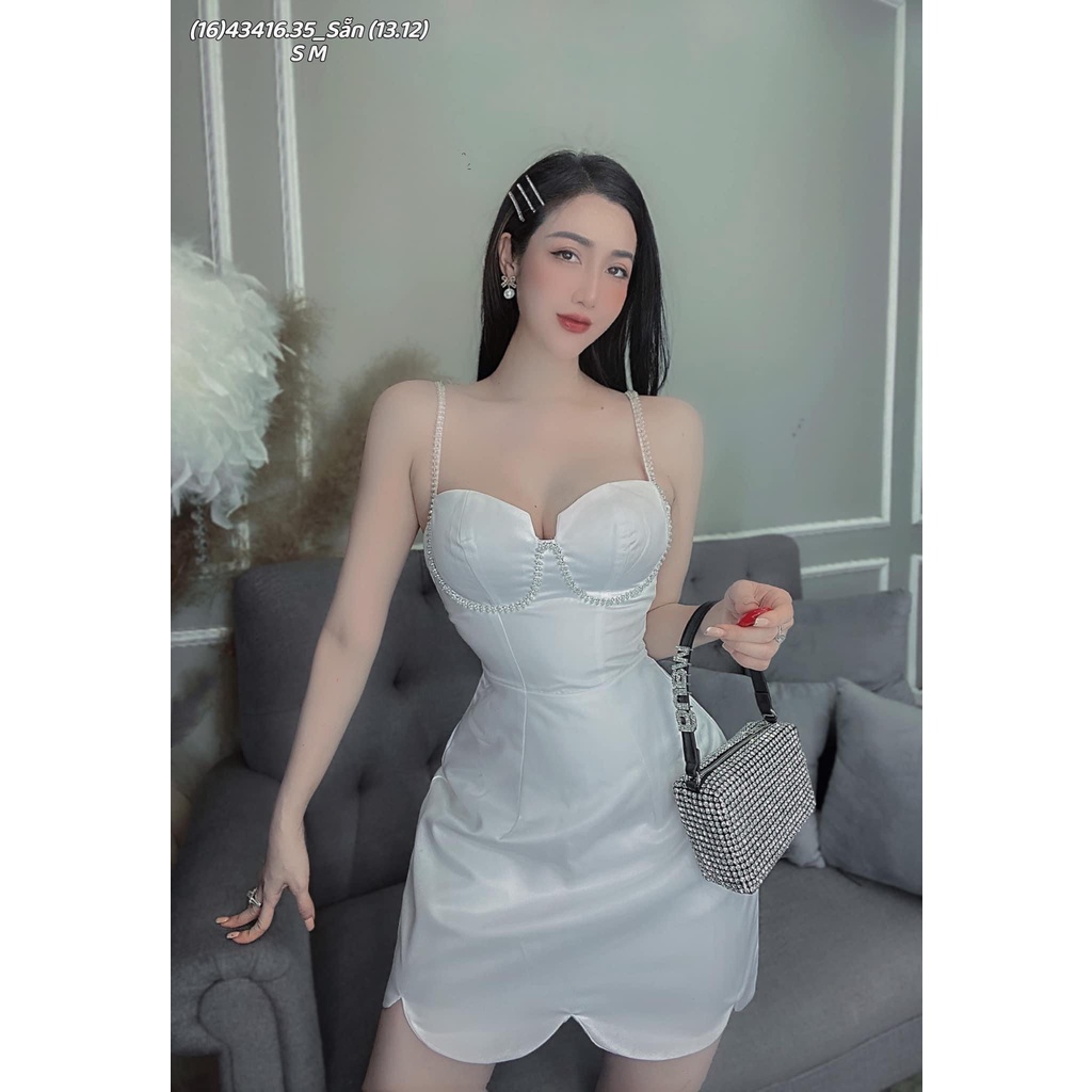 Đầm hot girl nữ 2 dây xinh xắn sexy với thiết kế hàn quốc đính đá có mút có lót quần tôn dáng, chất vải phi mờ
