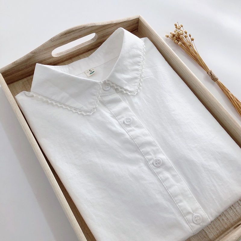 ICE Cotton Korean Style Lace Long Sleeve White Shirt Female Student Fresh Slim Fit Versatile Bottoming Shirt Inner Wear