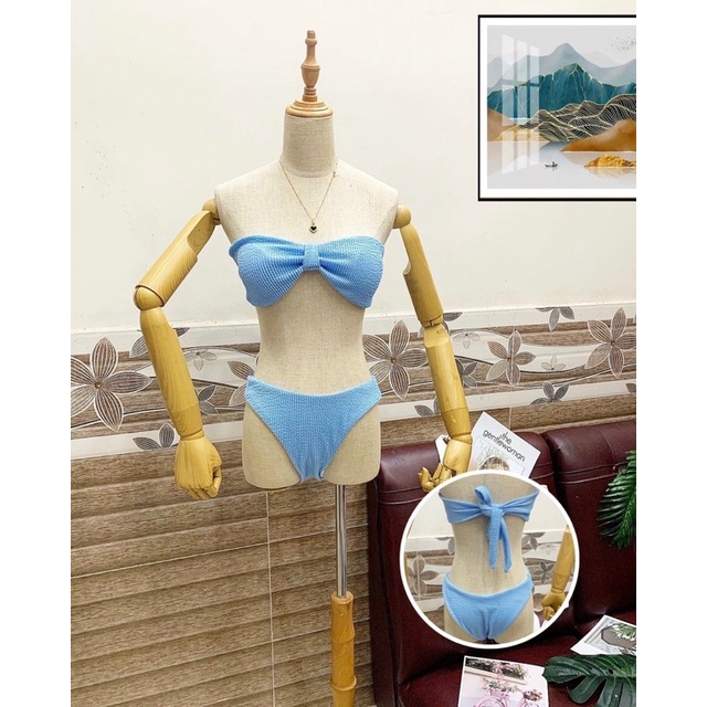 Bikini hai mảnh cao cấp cúp nơ màu xanh và đen