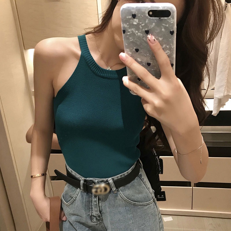 Áo Dệt Kim Không Tay Hở Vai Phong Cách Hàn Quốc Thời Trang Mới Cho Nữ