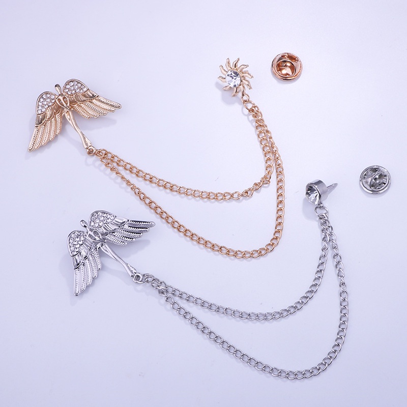 Ghim cài áo EFAN thiết kế đôi cánh thiên thần mặt trời phối chuỗi xích thời trang dành cho nam