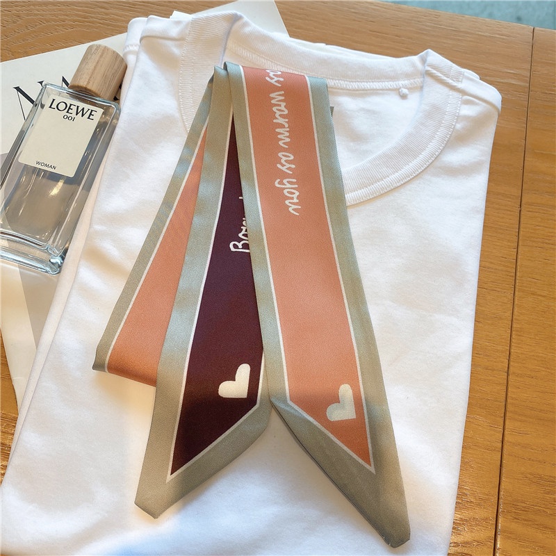 Băng Đô Cài Tóc / Khăn Choàng Cổ Bằng Lụa In Họa Tiết Trái Tim / Chữ Thắt Nơ Cầm Tay Trang Trí Túi Xách