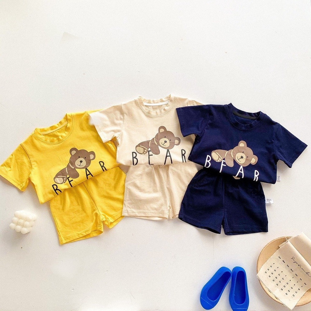 Bộ cộc tay cho bé trai bé gái hoạ tiết hình gấu Bear dễ thương Hokiha Kid size 8-15kg TE164