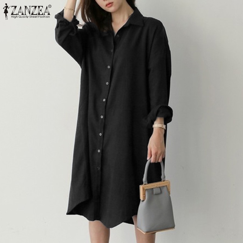 Đầm ZANZEA sơ mi dài tay phong cách Hàn Quốc thanh lịch dành cho nữ
