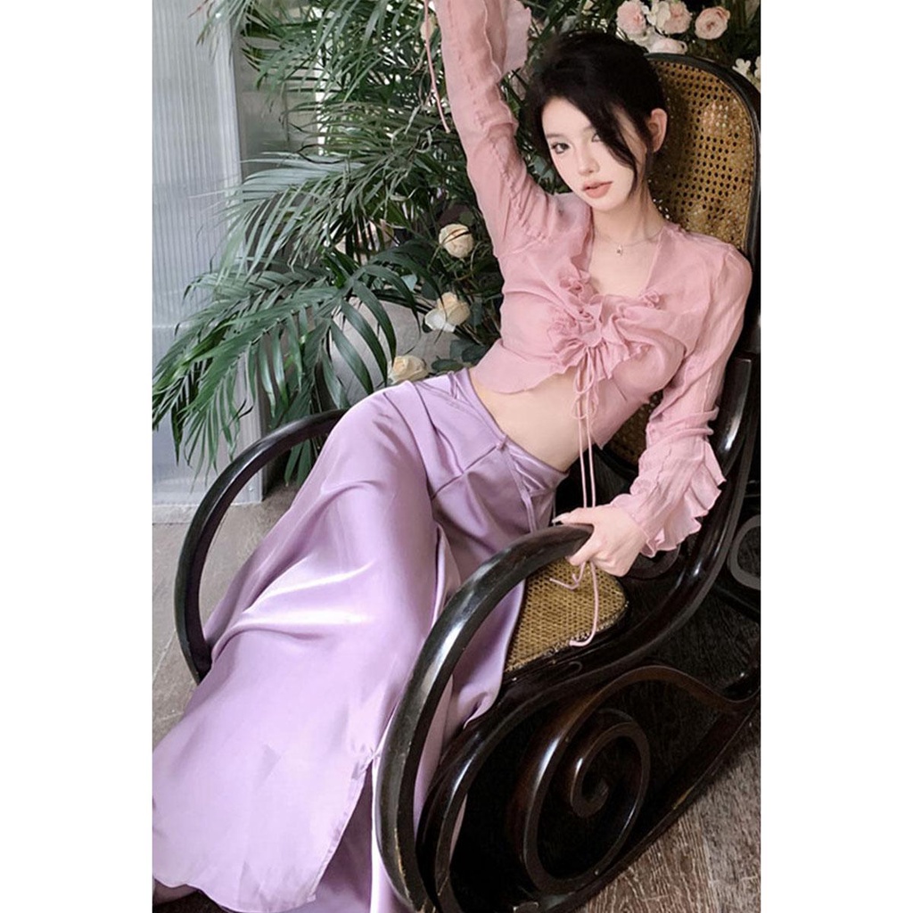 Set Áo Croptop Nhún Bèo Phối Chân Váy Lửng Lệch Tà Thời Trang Nữ Tính