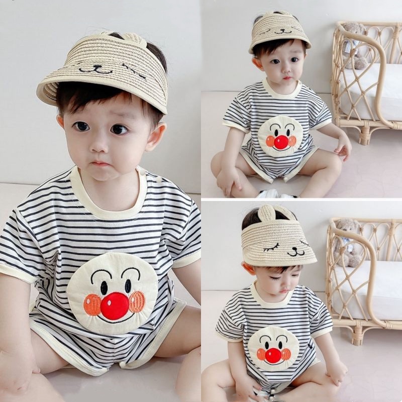 Bộ áo liền quần tay ngắn họa tiết kẻ sọc hoạt hình xinh xắn thời trang hè cho bé sơ sinh từ 0-2 tuổi