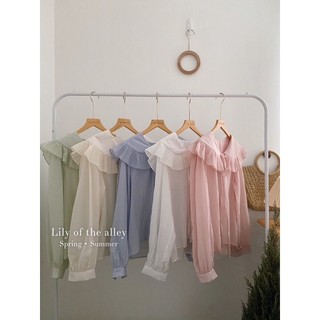 Sơ mi tơ cổ búp bê viền bèo thắt nơ