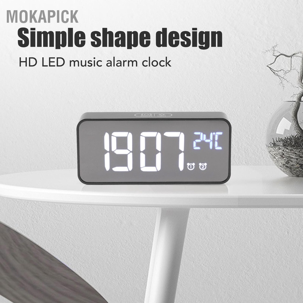 Mokapick Gương LED Đồng hồ báo thức kỹ thuật số Màn hình lớn Độ sáng thông minh Điều chỉnh Chức năng lại Tắt nguồn Bộ nhớ 13 bài hát cho gia đình