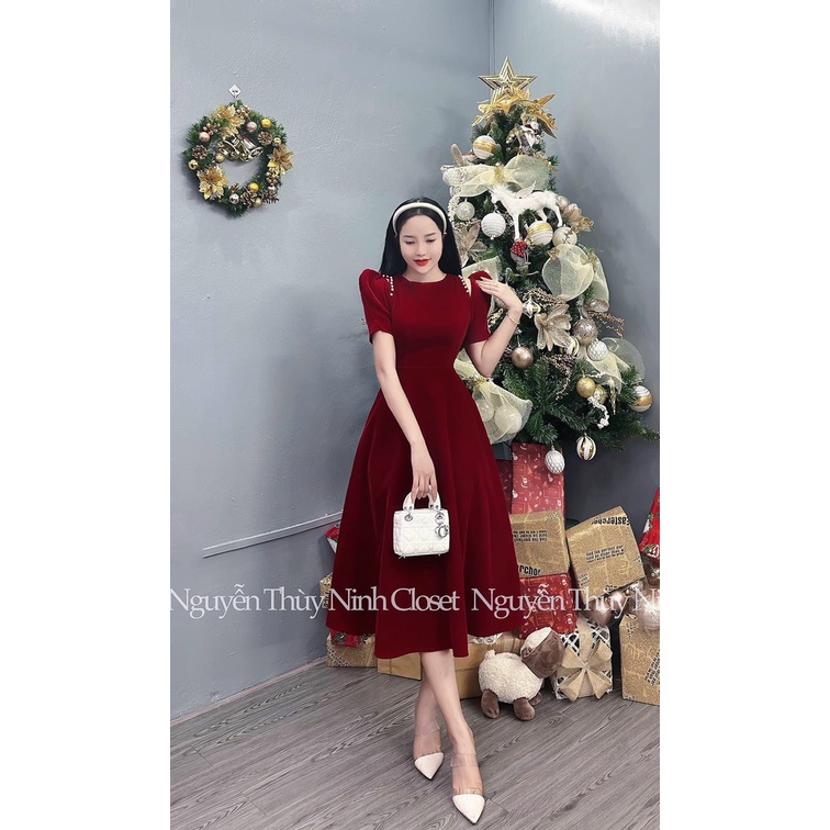 [3.3 Sales Freeship] Đầm tiểu thư nữ, đầm nhung cổ tròn khoét vai tay phồng đính ngọc dáng dài qua gối siêu xinh dx